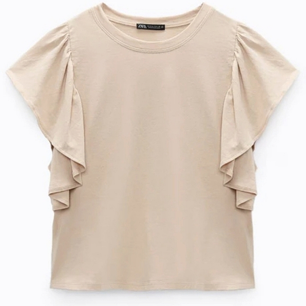 Zara Women's Blouse Top Cream Beige Ruffle Sleeves Size Small Closet Staple